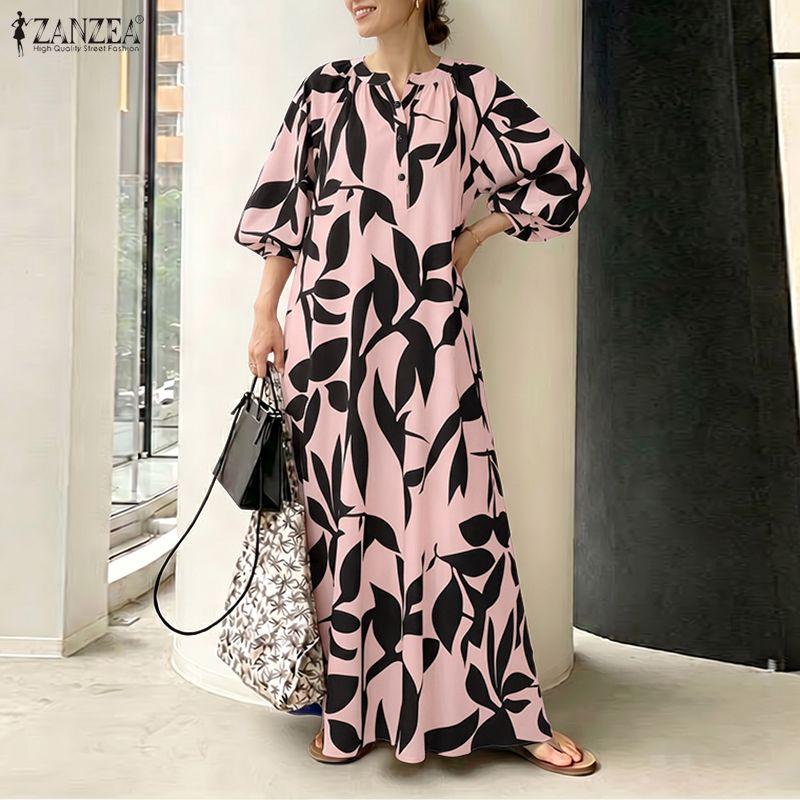 ZANZEA Women Boho Print Loose Casual Round Neck 3/4 Sleeve Long Dress