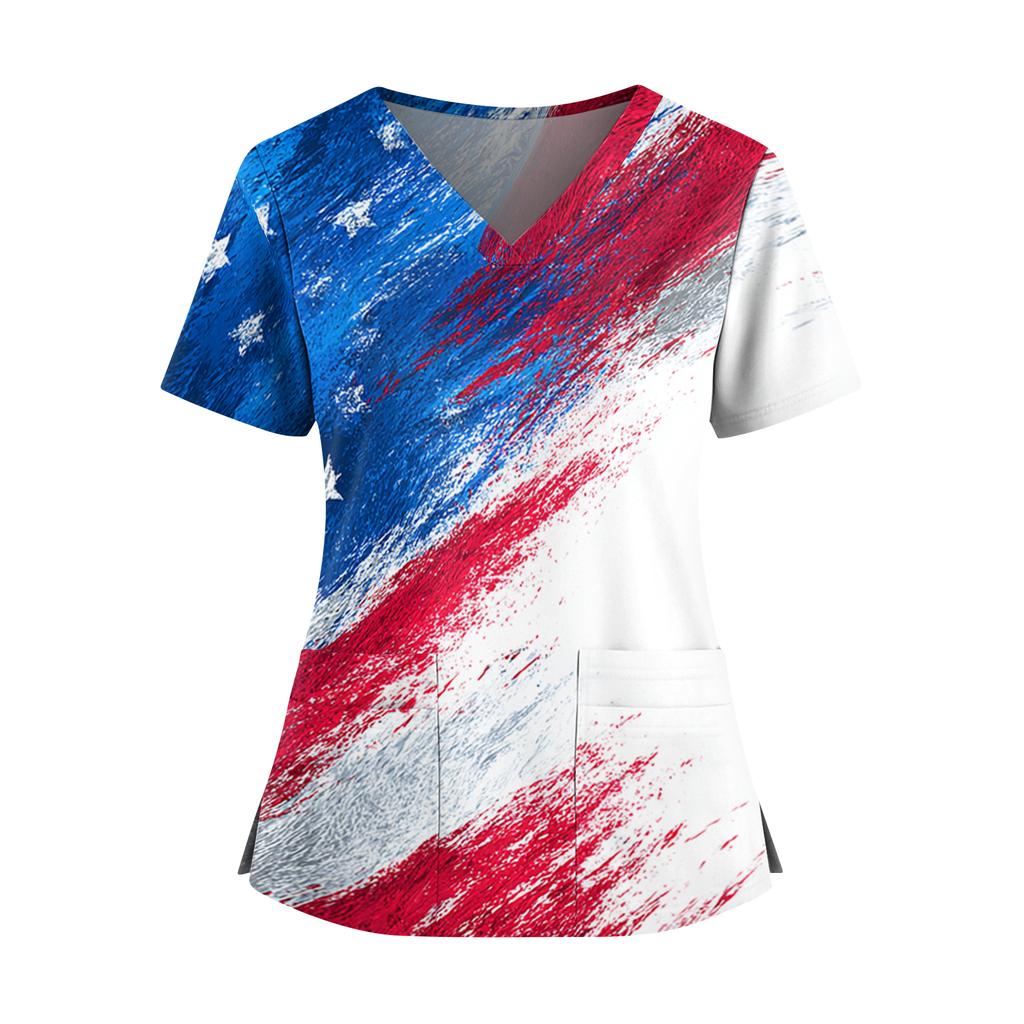 Uniforme de Manga Corta con Estampado del Día de la Independencia para Mujer, Cuello en V, Doble Bolsillo, Dobladillo con Abertura - Top para Cuidador
