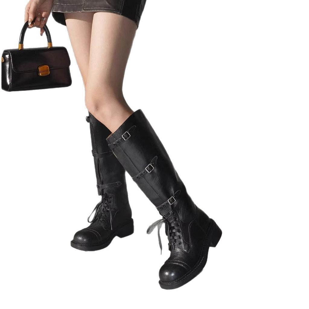 Sheepskin Version~ Retro But Knee Boots Women's Thick Heel Knight Western Cowboy Boots Show Legs Thin Fashion Boots