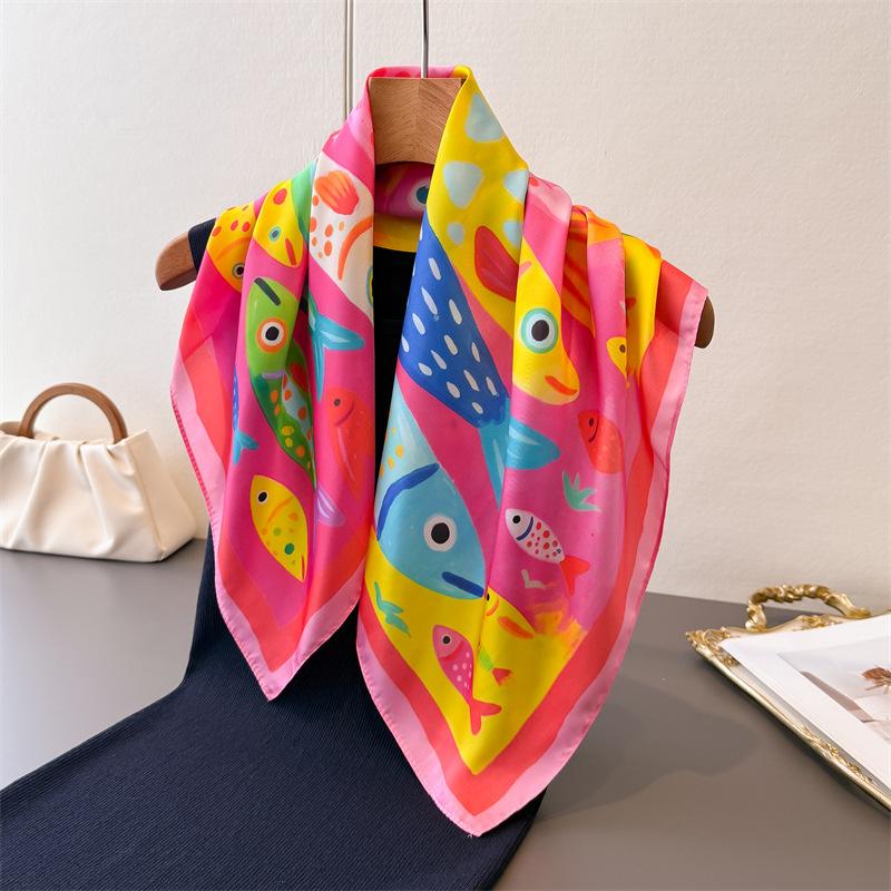 Cartoon colorful fish small square scarf high-end print imitation silk scarf shawl square scarf neck scarf headscarf scarf new