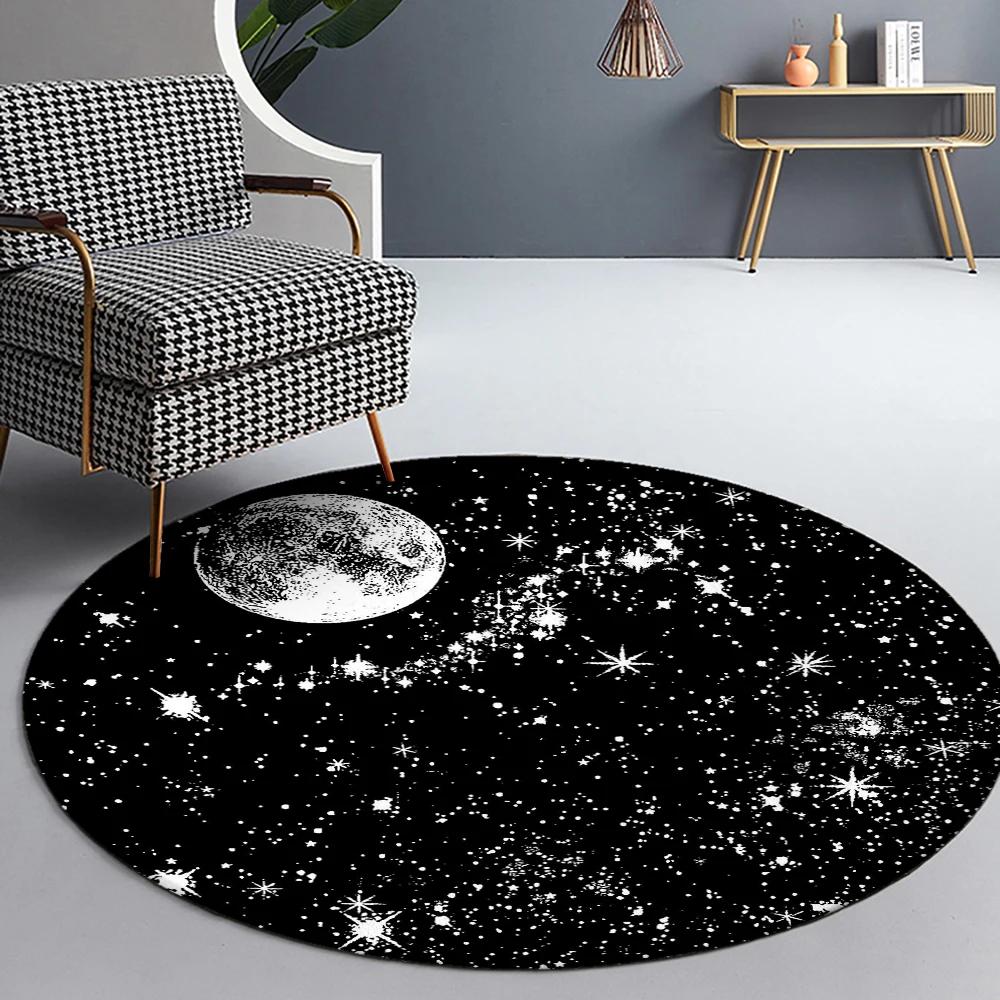 Black Starry Sky Round Carpet Modern Living Room Bedroom Study Floor Mat Star and Moon Illustration Beautiful Room Floor Decor