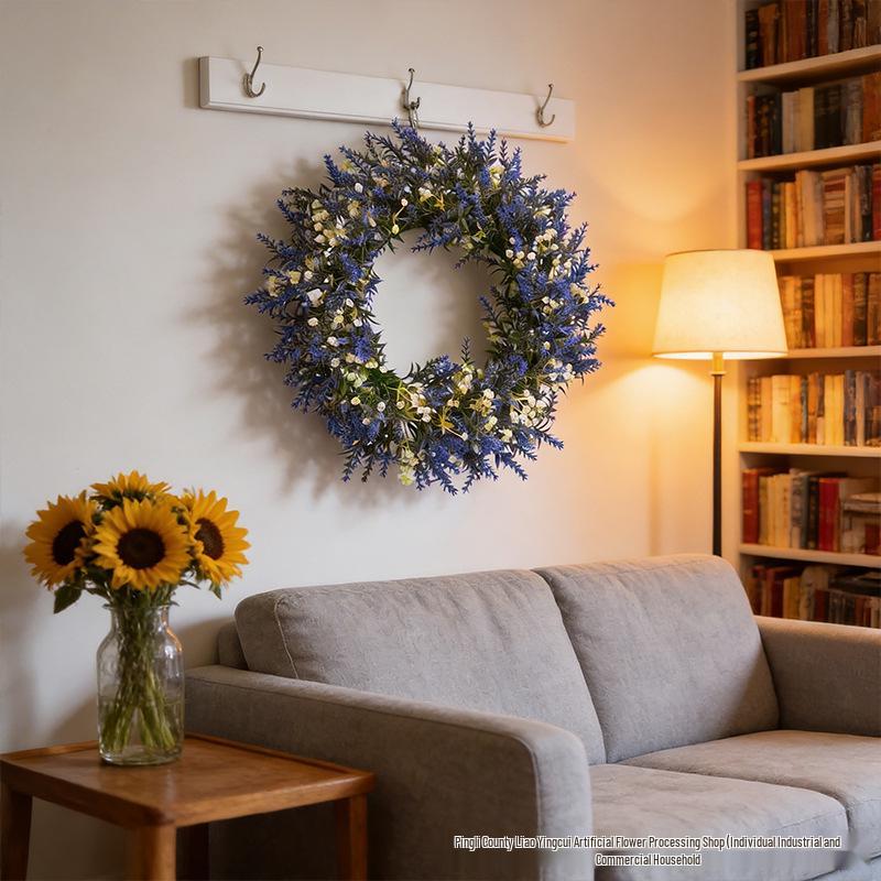 Simulated Lavender & Spring Grass Door Wreath - Home & Window Decoration with Faux Flowers