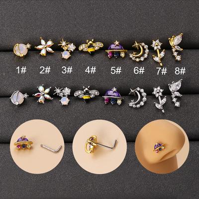 Helix Nose Piercing Jewelry  Flower Moon Butterfly L Nose Studs 20G Stainless Steel Multicolor CZ Nose Stud Ring for Women