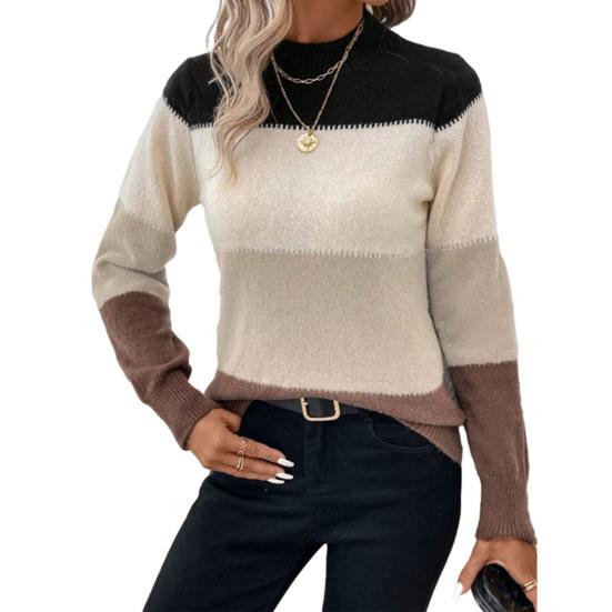 Women Knitting Tops Round Neck Knitted Pullover Tops Long Sleeve Color Blocked Loose Hem H-Shaped Warm