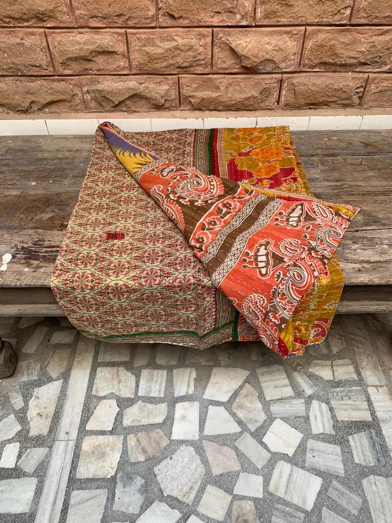 Indian Patchwork Kantha Blanket Handmade Quilt 100% Cotton Reversible Blanket Throw Bed Spread