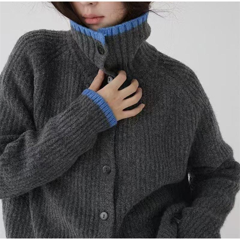 Contrast Knitted Cardigan Women Elegant Stand Collar Thicken Long Sleeve Single Breasted Lady Jumper 2025 Spring New Knitwear