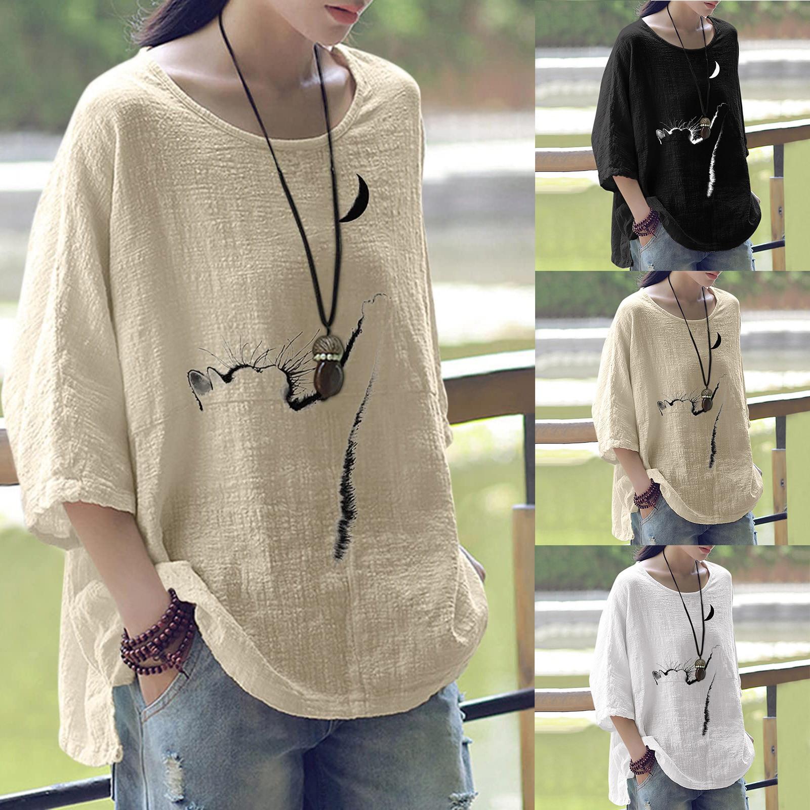 

Женские хлопковые льняные рубашки Повседневная пуговица Вниз Свободные пляжные топы Блузка Плюс Размер