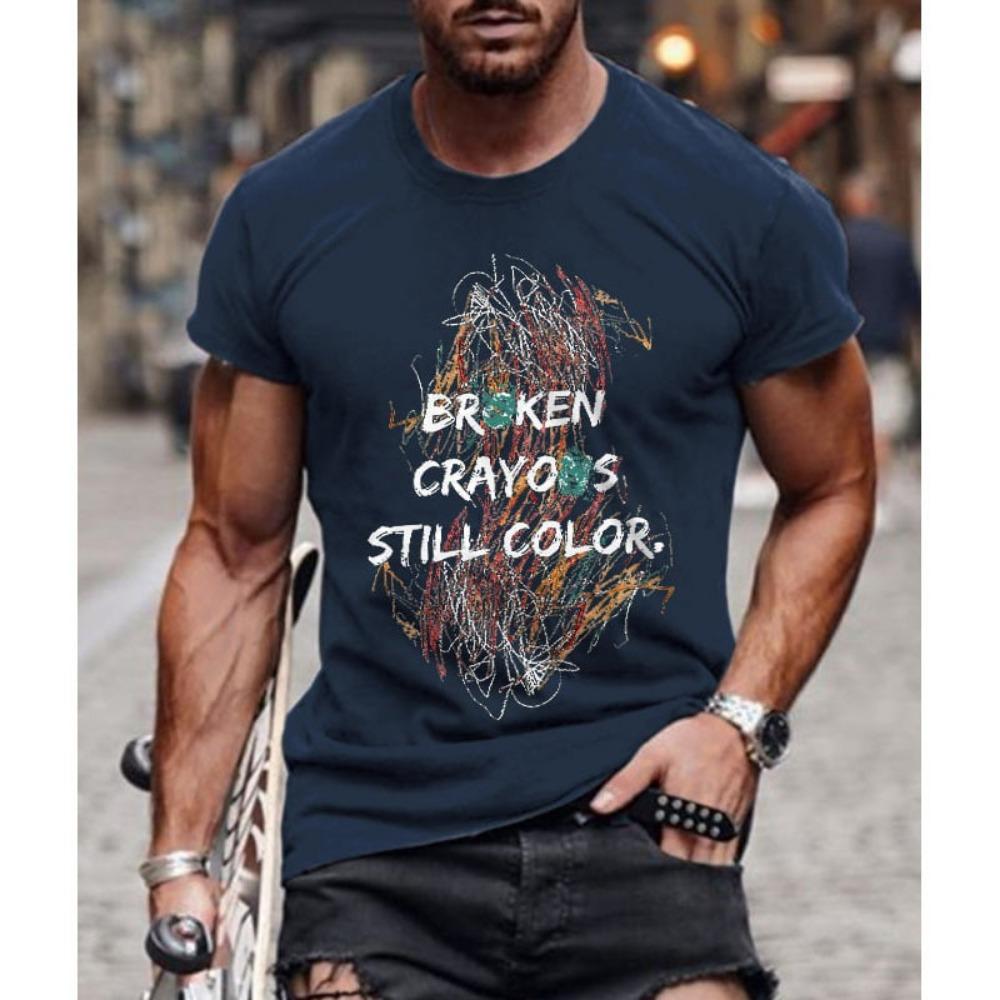 

Men s Round Neck Printed T-shirt, Popular in European and American Summer, Casual, Versatile, Fashionable Short Sleeved Top S темно-синий