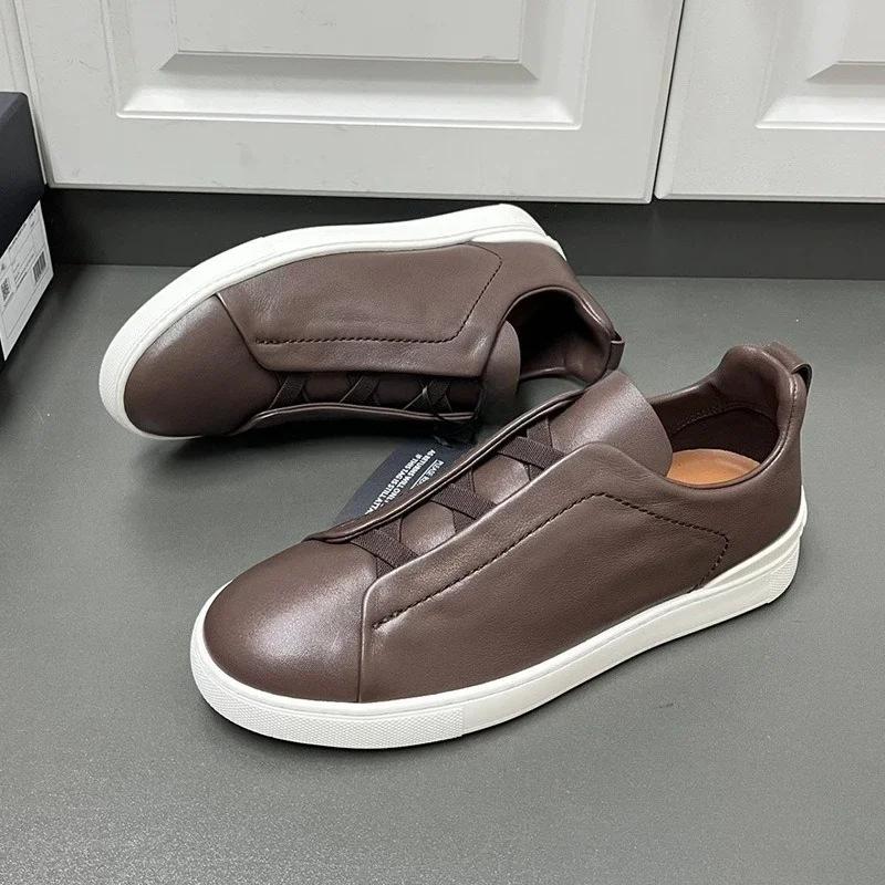 Spring Autumn Vintage High Quality Genuine Leather Lace-Up Shoes Man's Solid Color Round Toe Low-cut Flat Bottom Shoes