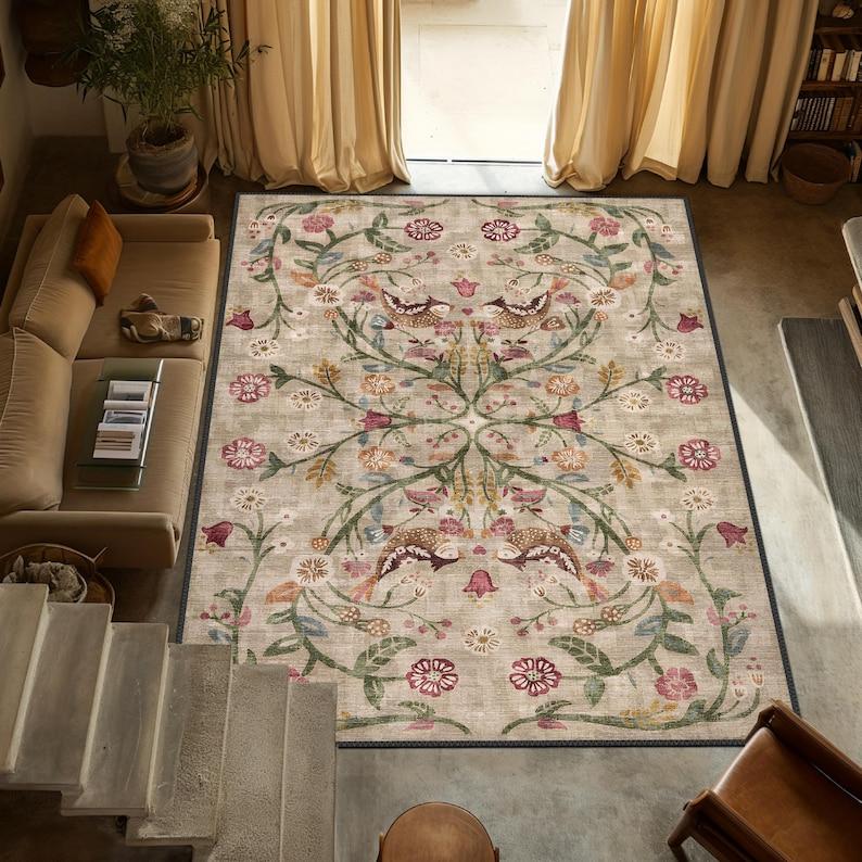 Boho Chic Türkischer Traditioneller Floraler Teppich Waschbar Rutschfest Groß Distressed Bereichsteppich für Wohnzimmer Schlafzimmer Dekor