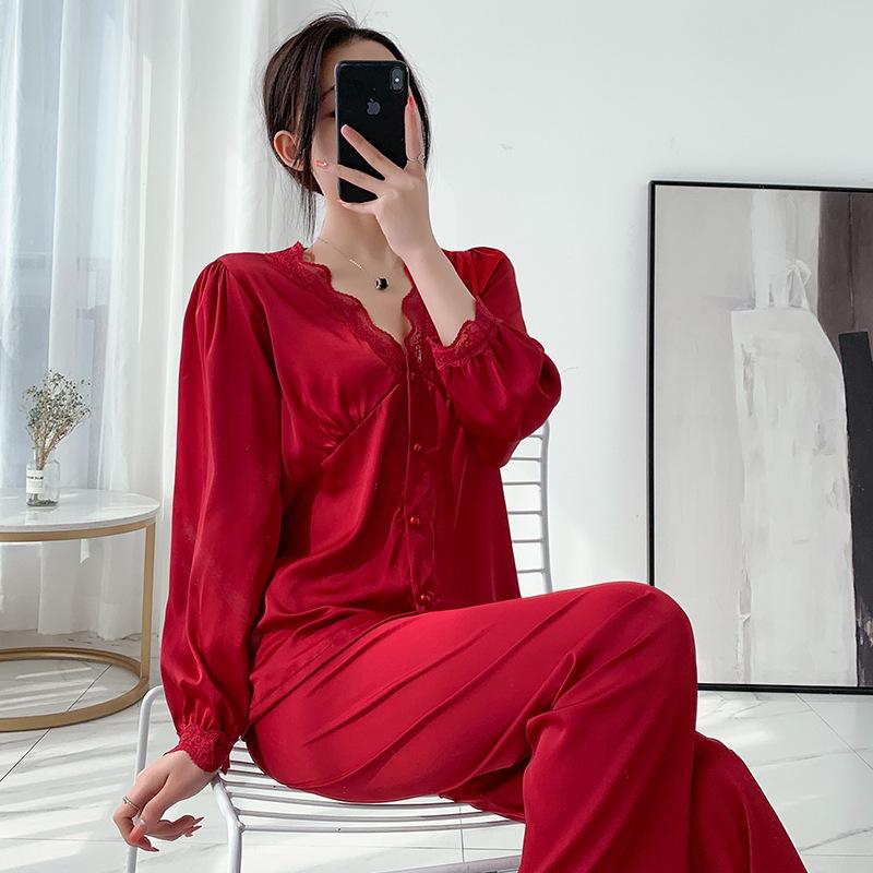 1011 New Pajamas Women's Spring and Autumn Ice Silk Long Sleeve Pants Set Live Sexy Lace Homewear Summer