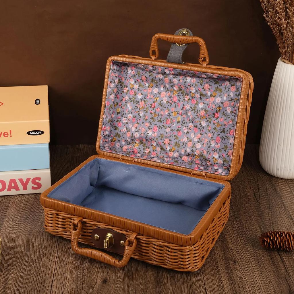 Handmade Wicker Suitcase Portable Dust-proof Round Picnic Basket Large Capacity Anti-impact Rattan Woven Luggage Box for Home