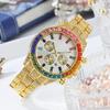 New Fashion Steel Band Watch with Colorful Rhinestone Markers and Quartz Calendar