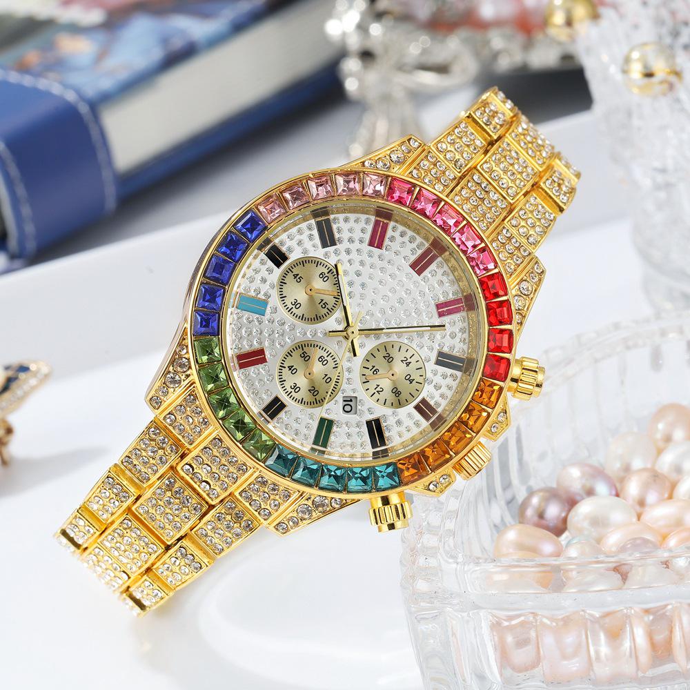 New Fashion Steel Band Watch with Colorful Rhinestone Markers and Quartz Calendar