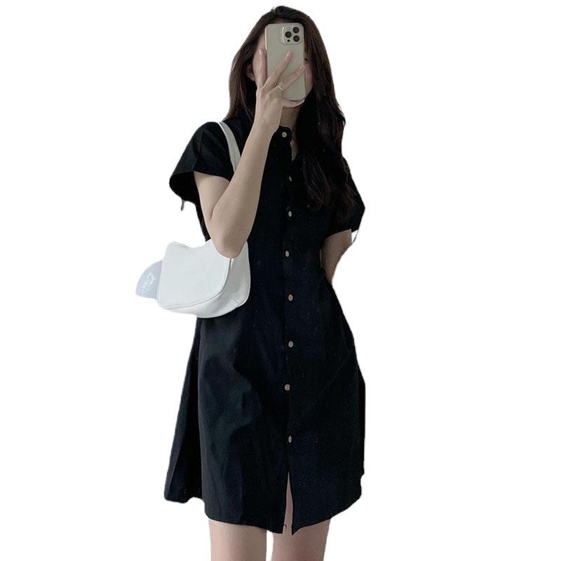 Korean Chic Summer Lapel Dress - Slim, Short-Sleeved, Single-Breasted Style