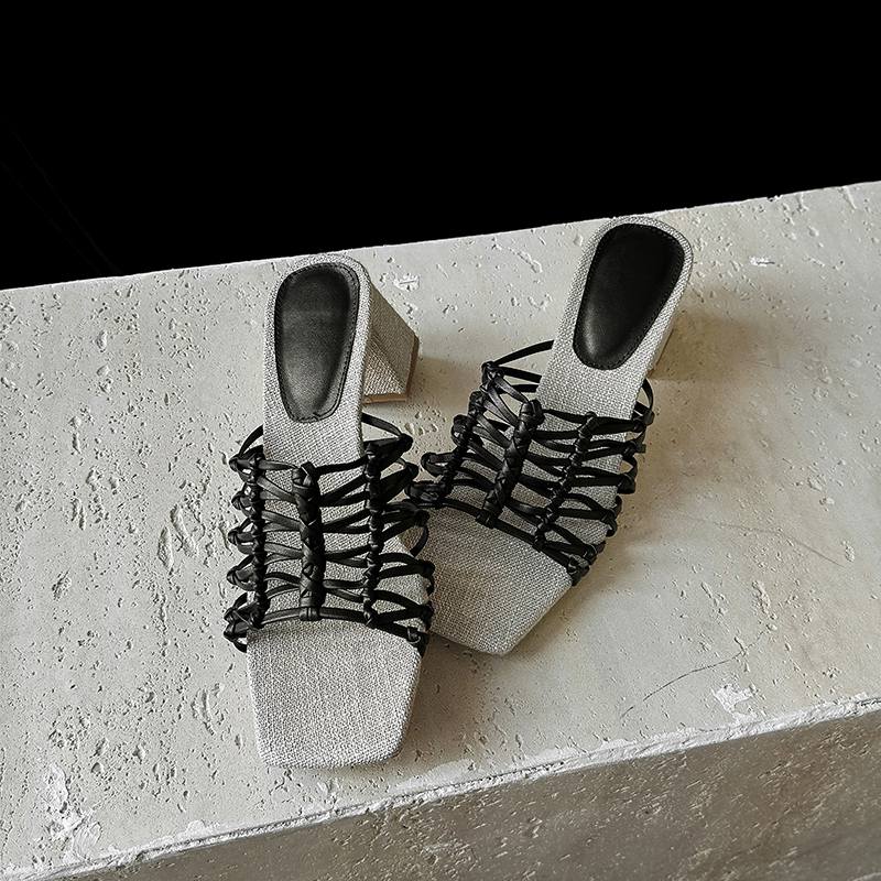 Krazing Pot Straw Weaving Handmade Summer Size 40 High Quality Slip on French Chic Chunky Heels Women Peep Toe Sandals