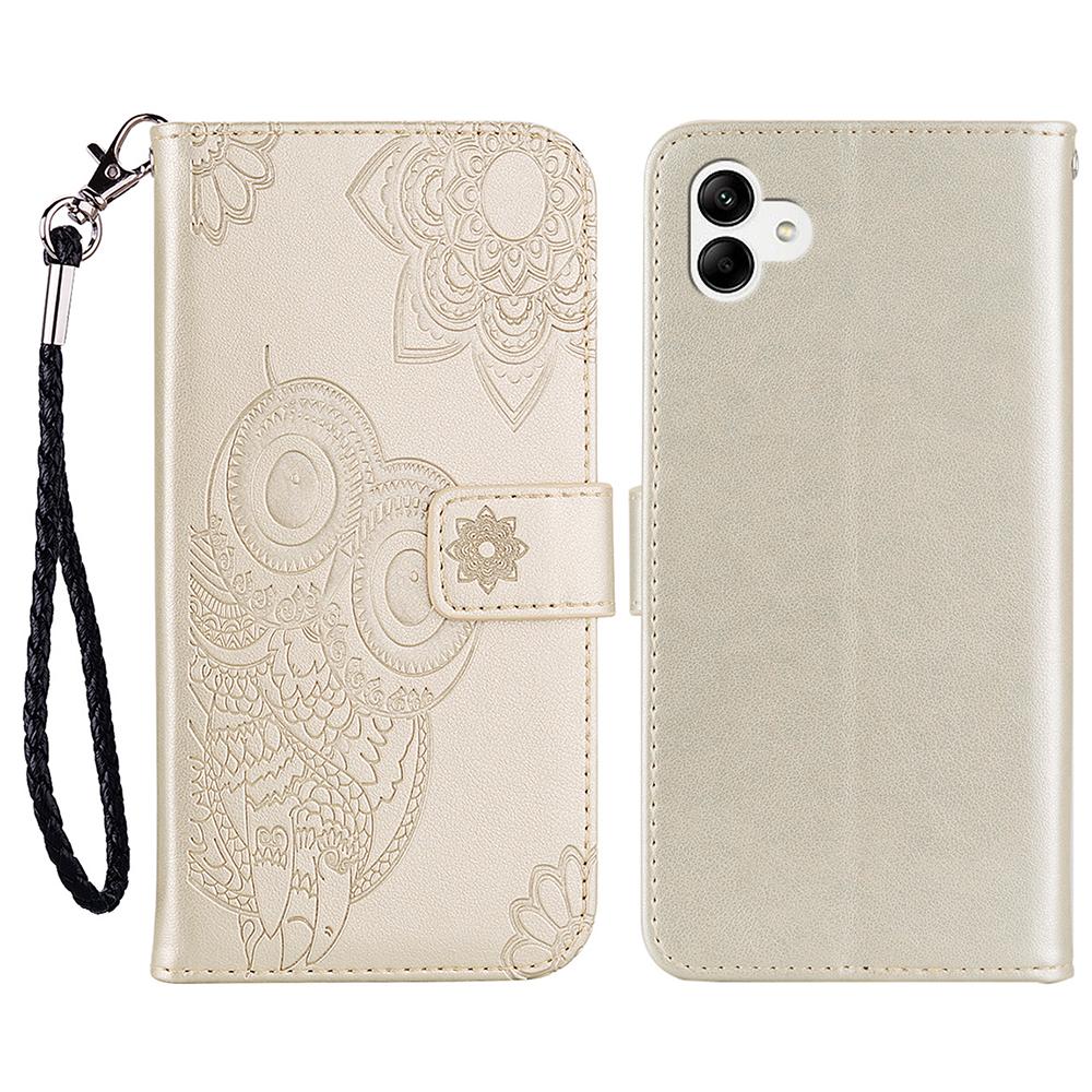 

For Samsung Galaxy A06 4G Case Owl Flower Imprinted Leather Cover Wallet with Strap Gold