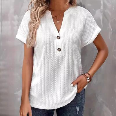 Spring Summer Women's Fashion Casual Solid Color Button V-neck T-Shirts Women’s