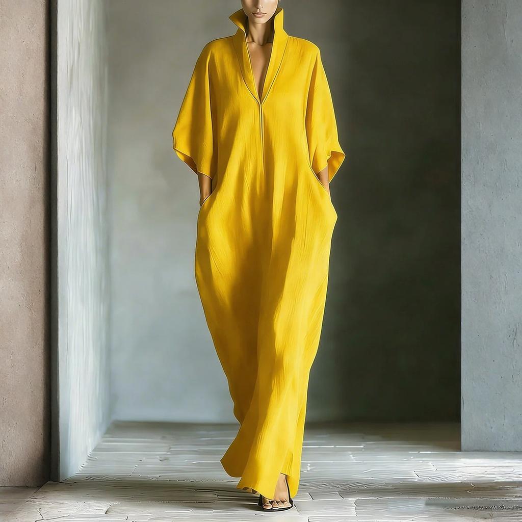 Fashionable Women's Mid Sleeved V-neck Long Skirt With Loose Fitting Pullover Dress