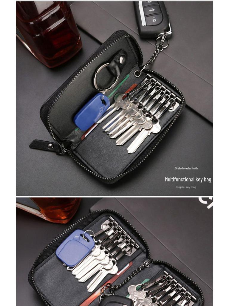 Men's Knitted Leather Car Key Pouch - Large Capacity Zipper Key Holder with Portable Keychain
