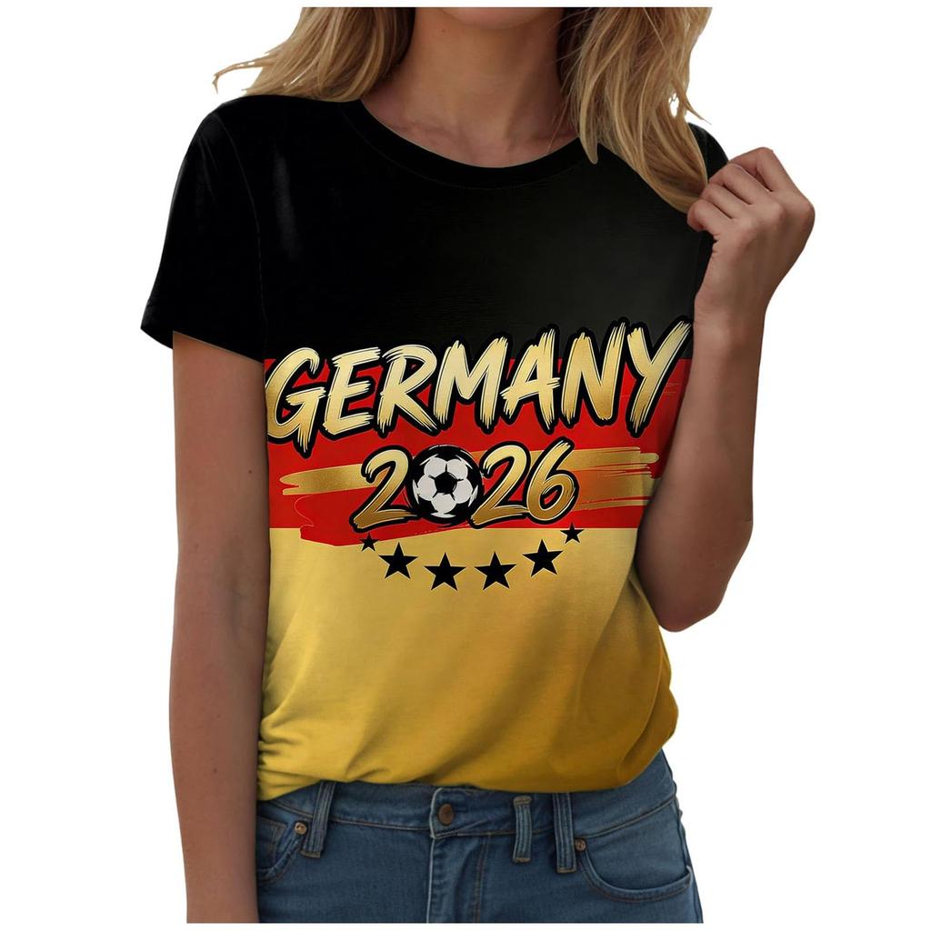 Damen Freizeit Pullover T-Shirt Kurzarm Rundhals Buchstabendruck Oberteil zur Fußballunterstützung Deutschland 2026 Fanartikel
