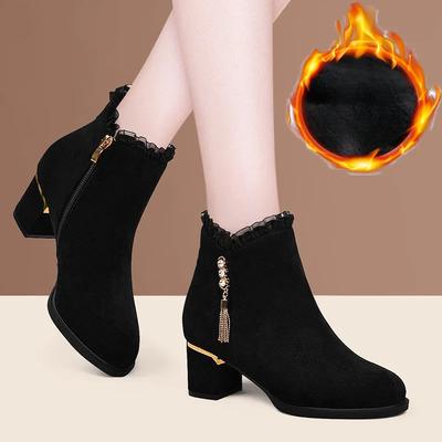 Herbst- und Winter Wildleder Damen Kurzstiefel, Runde Zehenpartie Dicker Absatz und Samt Warme Damen Baumwollschuhe, Flache Damenstiefel