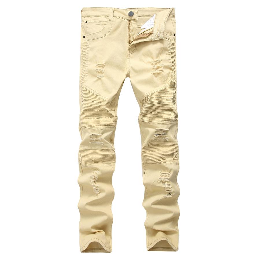 Pánské motocyklové pomačkané roztrhané džíny Street Slim Fit elastické legíny Džínové kalhoty Pánské