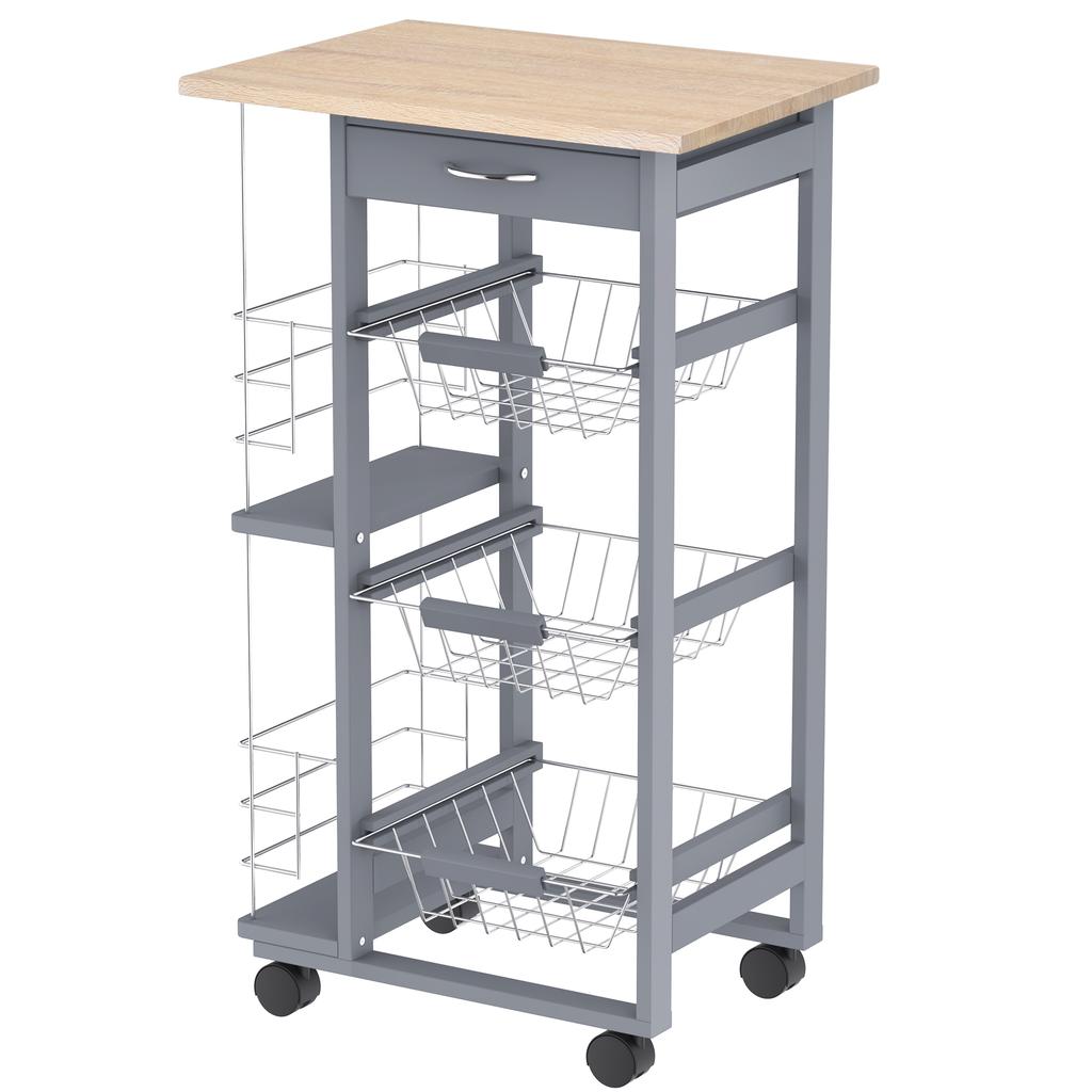 Kitchen Cart with Pull-Out Drawers and 2 Bottle Racks. Made of Pine Wood and Metal. 47x37x83cm