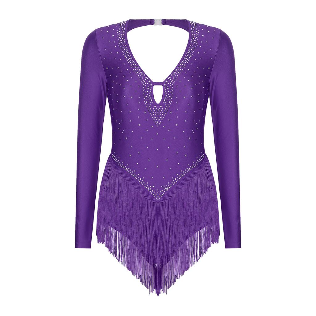 Body de Baile Latino Brillante con Pedrería para Mujer Cuello en V Profundo Manga Larga Leotardo con Flecos Espalda Descubierta Disfraz de Actuación