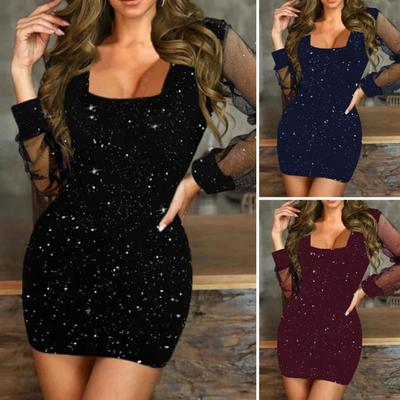 Kadın Elbise Kare Boyun Uzun See-through Örgü Kollu Pullu Slim Fit Yüksek Bel Sheatn Düz Renk Balo Parti Dating Mini Elbise