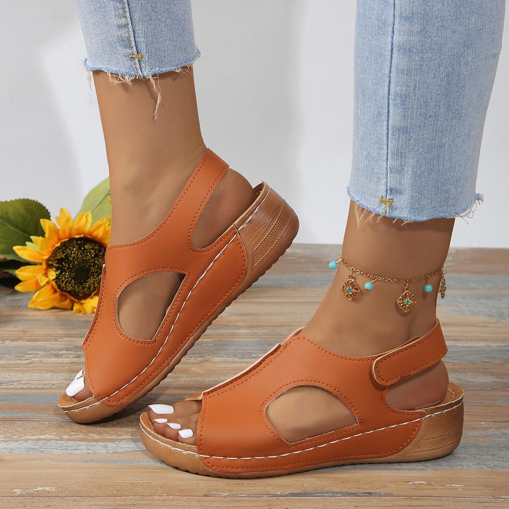 Clog Sandals For Women Leather Ladies Summer Retro Solid Colour Leather Slope Heel Thick Bottom Large Size Fish Sandalias Mujer