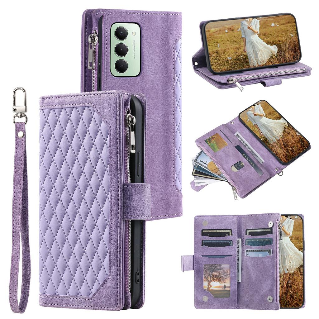 For Xiaomi Redmi 15 5G (EU) (171mm)/4G (EU) (171mm) Wallet Case Rhombus Stitching Line PU Leather Phone Cover with Wrist Strap