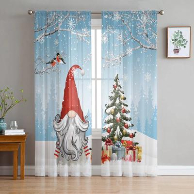 Christmas Snow Scene Snowflakes Gnome Blue Sheer Curtains Living Room Decoration Window Curtains Kitchen Tulle Voile Curtains