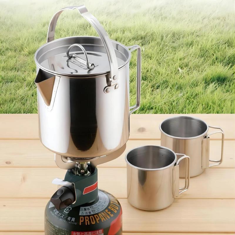 Outdoor Stainless Steel Kettle Folding Camping Hanging Pot Portable Coffee Pot Teapot Picnic Stove 1.2L