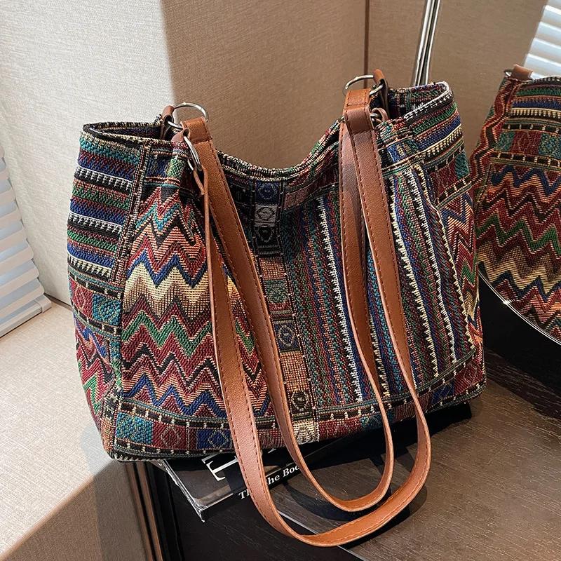 Geometrische Canvas-Handtasche im Ethno-Stil - Modische Damen-Schultertasche mit großem Fassungsvermögen für Reisen & Pendeln