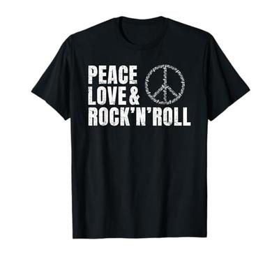 Peace Love And Rock'n'roll Rock And Roll Symbol Distressed T-Shirt
