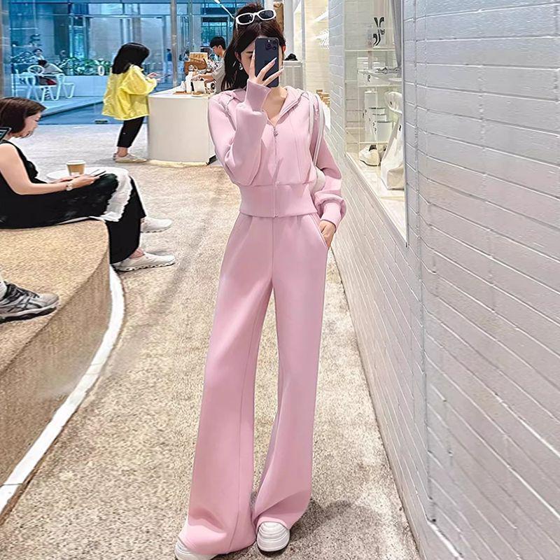 2025 Chic European Women's Spring Tracksuit: Hooded Sweatshirt & Wide-Leg Pants Two-Piece Set