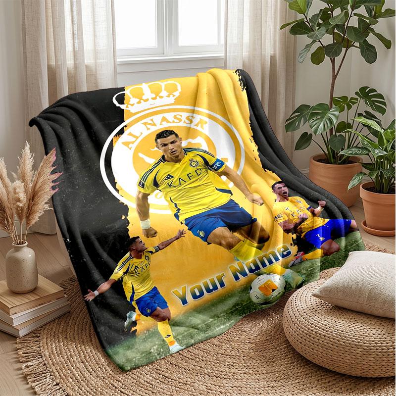 Cristiano Ronaldo Custom Name Text Flannel Blanket Soccer Logo Personalized Fleece Throw Blanket Special Gift For Sofa Bedroom Home