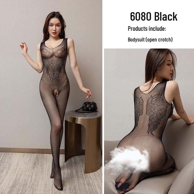 Black Open-Crotch Fishnet Stockings - No Need To Remove, Sleek and Sexy One-Piece, Perfect for a Seductive Night In.