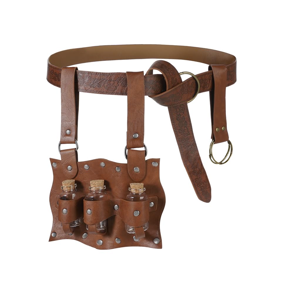 Medieval Alchemist Cosplay Belt PU Leather Waist Pouch with 3 Cork Renaissance Style Decorative Belt for and Perfect for School Cultural and Stage