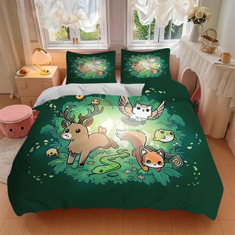 3pcs Cute Little Animals Quilt Set - Soft and Comfortable Bedroom, Guest Room and Dorm Decor Bedding Set 1 Quilt Cover + 2 Pillowcases.N029