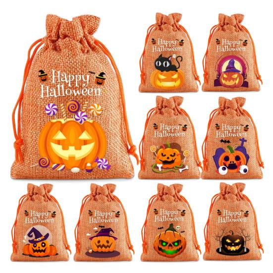 12Pcs Halloween Pumpkin Burlap Gift Bags Small Drawstring Goodie Treat Bag Halloween Linen Jute Candy Bag for Kids Trick or Treat Party Supplies