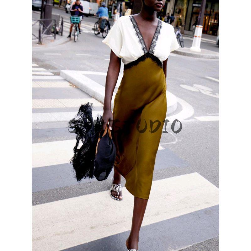 Autumn New Women clothes French style V-neck Short sleeve Contrast Color Lace Silk Satin Texture Midi Dress 1165177