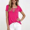 T-Shirt V-neck Cross Women Summer Short Sleeve Tops Hollow Out Top