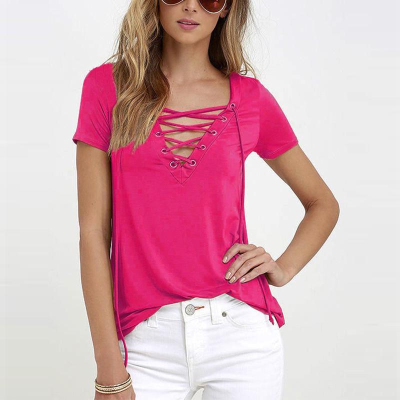T-Shirt V-neck Cross Women Summer Short Sleeve Tops Hollow Out Top