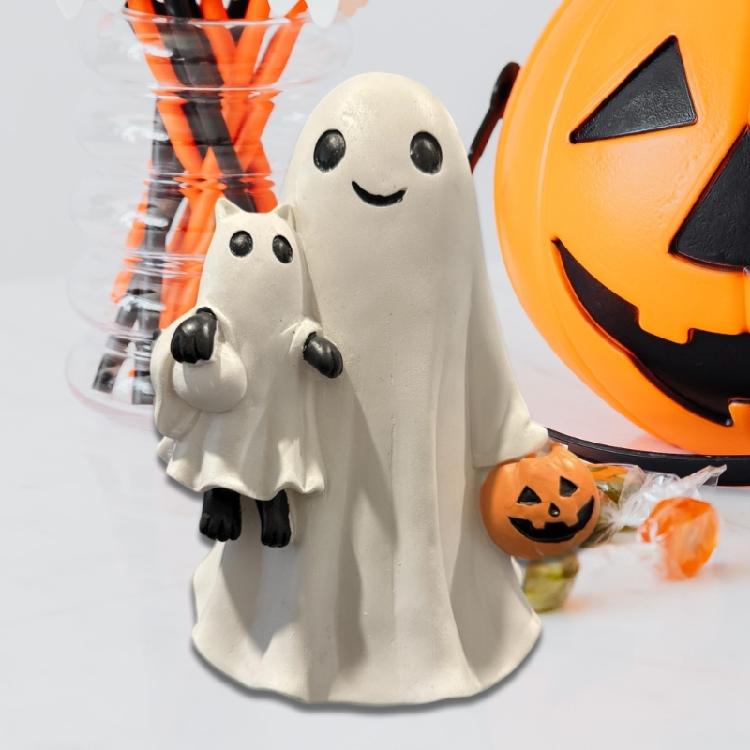 Whimsically Ghostly Holding Cats Pumpkin Resins Figurine Halloween Home Decors Artistic Craft Nontoxic Finish Ornament