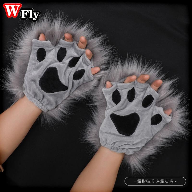 Harajuku Women Girls Plush Animal Claw Gloves Half Finger Wolf Cat'S Paw Gloves Halloween Lolita Cosplay Anime Set Accessories