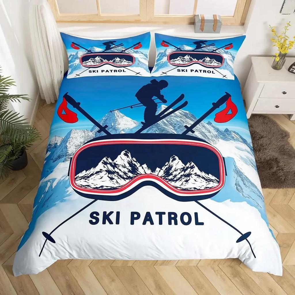 Ski Sports Duvet Cover Queen For Boy Teen Winter Sports Ski Theme Comforter Cover Microfiber Snow Mountain Landscape Bedding Set