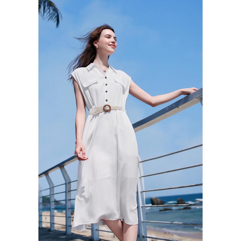 Baitu Women's Summer Sleeveless Lapel Belted Dress