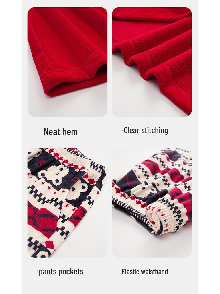 Women's Christmas Red Velvet Teddy Bear Pajamas - Warm, Breathable, Casual Coral Fleece Homewear for Autumn, Winter, Spring